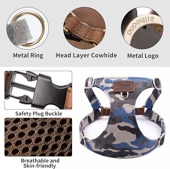 Puppytie No Pull Dog Harness with Multifunction Dog Leash,Soft Adjustable No Choke Escape Proof Pet Harness Vest (Camouflage Blue, M)