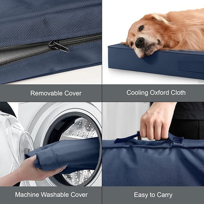 Tail Stories Outdoor Large Washable Dog Bed, Orthopedic Egg Crate Foam Dog Crate Mat for Large Dogs with Removable Oxford Cooling Cover, Navy