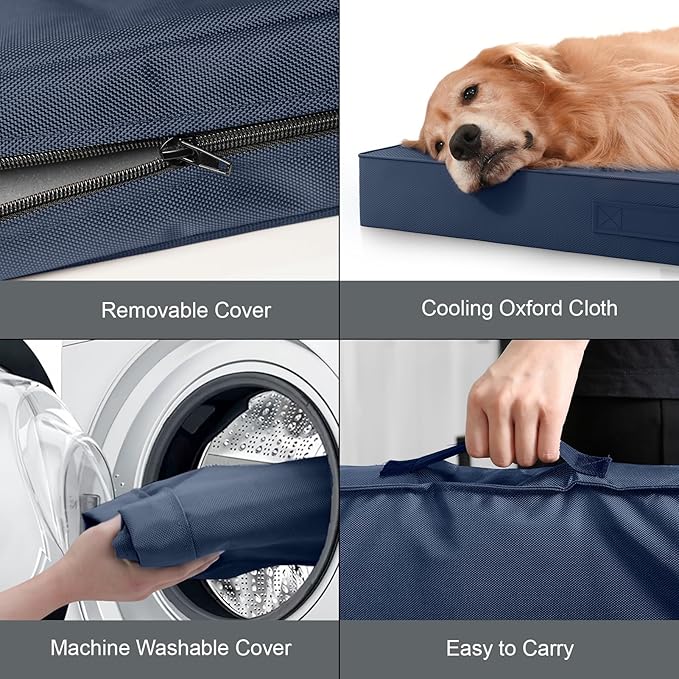 Tail Stories Outdoor Waterproof Dog Bed, Orthopedic Dog Bed for Medium Dogs 30x20 Inch, Egg Crate Foam Pet Bed with Washable Removable Oxford Cooling Cover, Navy