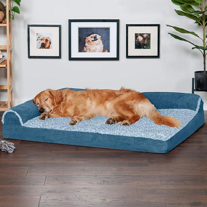 FurHaven Orthopedic Dog Bed for Large Dogs, L-Shaped Chaise Sofa with Orthopedic Egg Crate with a Solid Orthopedic Foam Base for Joint Support, Washable Cover, Jumbo XL, Faux Fur & Suede, Marine Blue