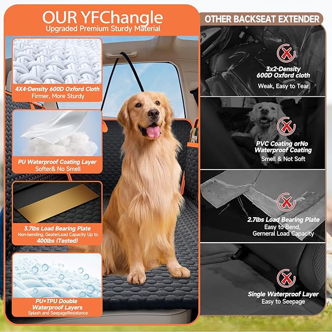 YFChangle Hard Bottom Dog Car Seat Cover for Back Seat – Waterproof Nonslip Hammock Extender for Trucks & SUVs, Heavy Duty Pet Protector, Gray Oxford Fabric