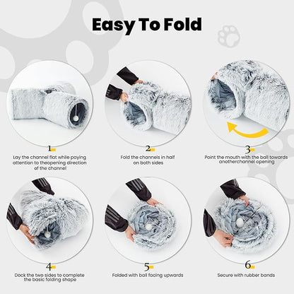 Tempcore Plush Cat Tunnel for Indoor Cats，Collapsible 3-Way Pet Tunnel Toy with Peek Holes for Cats, Kittens, Rabbits, Light Grey
