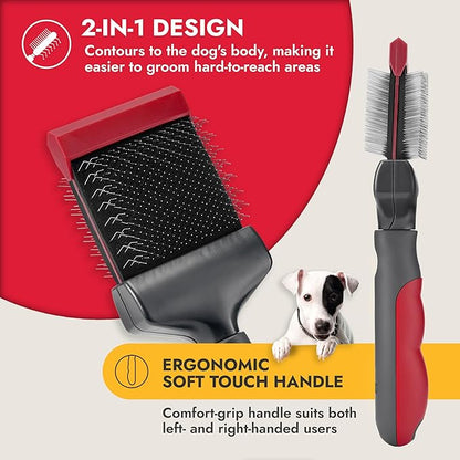 KONG Double-Sided Flexible Slicker Brush – De-Shedding & Detangling Tool, Padded Grip, Long Metal Pins, Flexible Head, for Medium to Large Dogs with Medium to Long Coats, Red/Gray