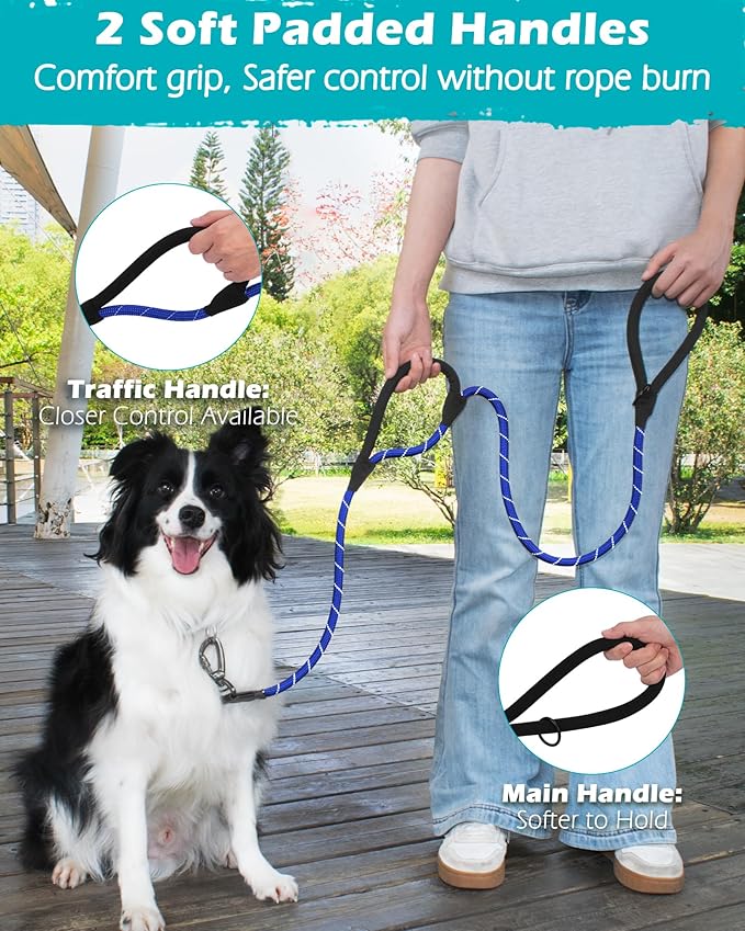 PetBonus Double Handle Rope Dog Leash, 5FT Heavy Duty Training Lead with Lockable Hook and 2 Comfortable Padded Handles, Reflective Walking Nylon Leash for Large Medium Dogs (55-200 lbs, Blue)