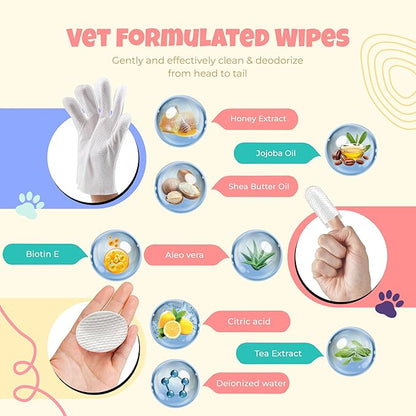 TREZUMA Pet Glove Wipes for Dogs & Cats | No Rinse Full Body Cleaning Gloves | Ear & Eye Wipes Set | Gentle Grooming for Paws Face Ears Coat | Alcohol Free