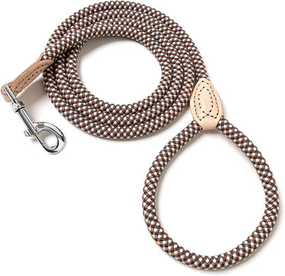 Mile High Life Rope Leash with Genuine Leather Connection, 6 FT/5 FT/4 FT, Heavy Duty Leash for Small Medium & Large Dogs(Brown,72 Inch)