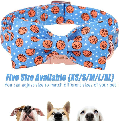 Cute Boy Dog Collar with Bow Tie - Adjustable Blue Basketball Bowtie Collar Spring-Summer Breathable Comfort Dog Collars for Small Medium Large Dogs M