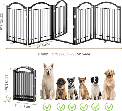 BHG Metal No-Assembly Freestanding Dog Gate with Door Walk Through, Extra Wide 120", Extra Tall 32" Pet Gate, Accordion Puppy Folding Playpen Dog Fence, with 2PCS Support (Black, 5 Panels)