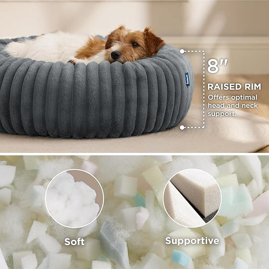 Bedsure ComfyFleece Donut Small Dog Bed - Dog Beds for Small Dogs with Corduroy Fleece & Anti Slip Bottom, Round Faux Fur Pet Beds with Washable Removable Cover, Warm Grey, 27x27x8 inches