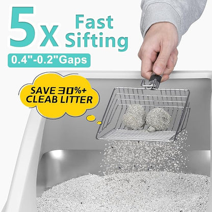 Stainless Steel Litter Box | XXL Deepened 8" Design Enclosed Box with Lid for Big Cats | High Sided, Anti-Urine Leakage | Non-Stick Bottom & Includes Litter Mat & Metal Scoop