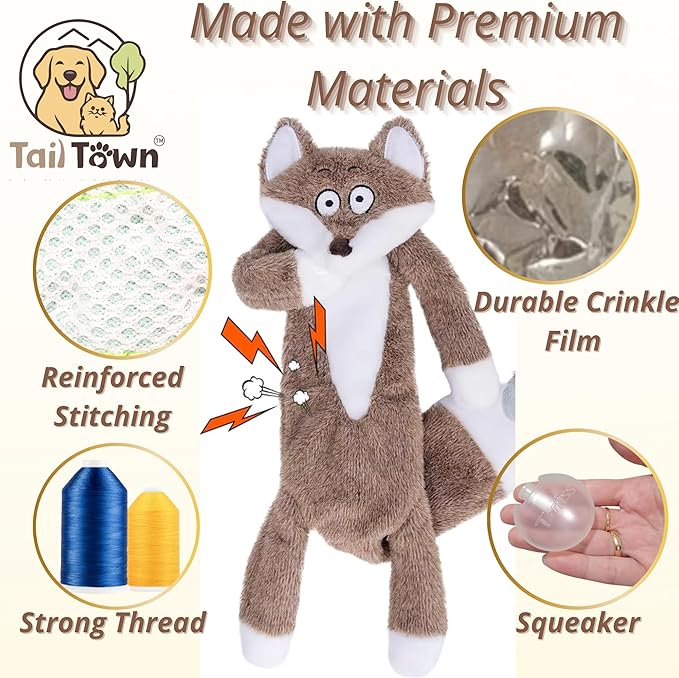 Plush Fox Dog Toy – Squeaky & Crinkle, No Stuffing, Soft – For Small, Medium & Large Dogs, All Breeds – Perfect for Puppies & Senior Dogs, Premium Safe Chew Play