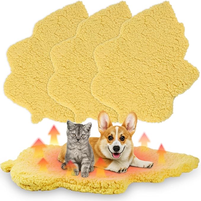 BrightRow 3 Pack Self Warming Pet Bed Leaf Shape Self Heating Cat Dog Mat Washable Thermal Sleeping Pad for Indoor Outdoor Hedgehog, Bunny, Sugar Glider, Rat, Chinchilla(Light Yellow,Large-19 x29)