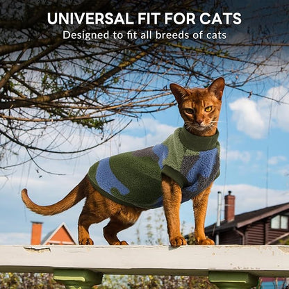 PUMYPOREITY Winter Warm Cat Sweater - Super Soft & Elastic Knit with Plush Fleece, Easy-On Design with Ribbed Neck & Cuffs, Stretchy Cat Outfit for Indoor/Outdoor Use,Green, S