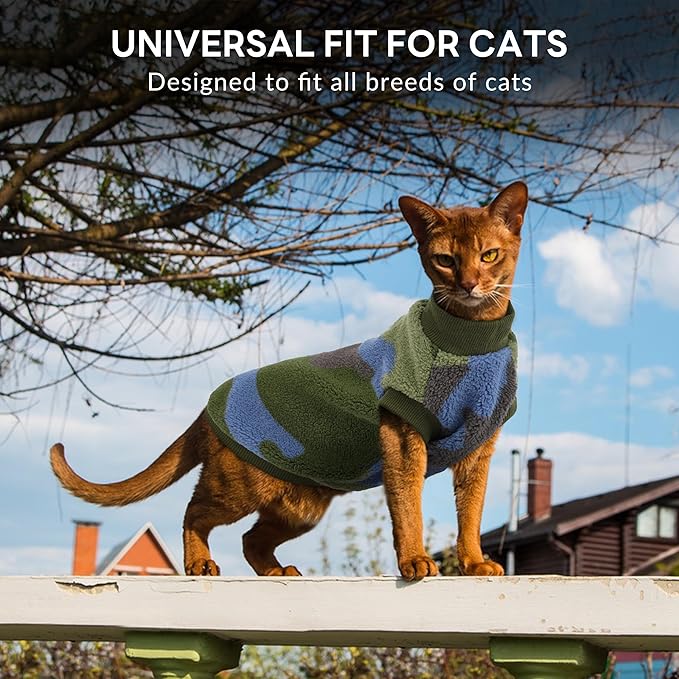 PUMYPOREITY Winter Warm Cat Sweater - Super Soft & Elastic Knit with Plush Fleece, Easy-On Design with Ribbed Neck & Cuffs, Stretchy Cat Outfit for Indoor/Outdoor Use,Green, L