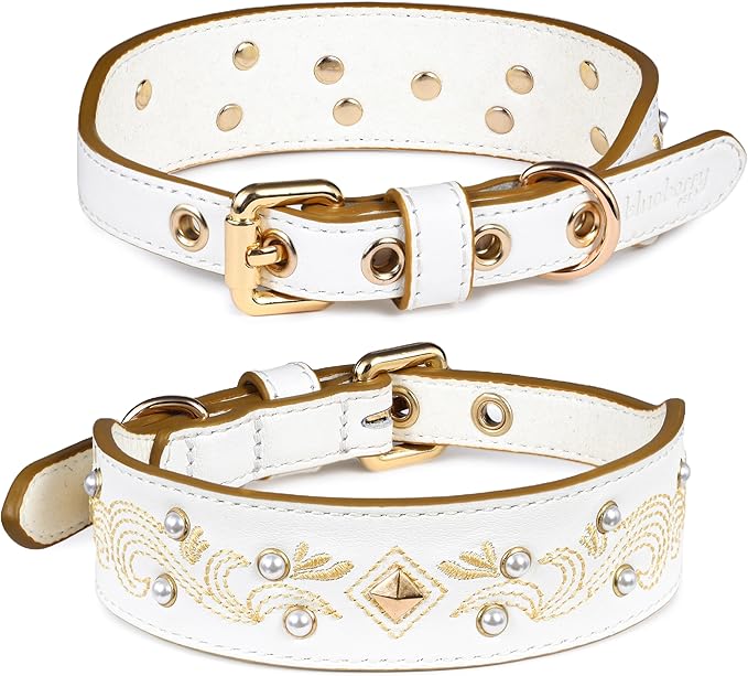 Blueberry Pet Western Genuine Leather Dog Collar for Small Breeds, Pearl White - Floral Embroidery, Pearl Studs, Adjustable 12-15 Inch Neck, Dog Collars for Small Dogs