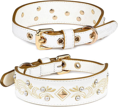 Blueberry Pet Western Genuine Leather Dog Collar for Small Breeds, Pearl White - Floral Embroidery, Pearl Studs, Adjustable 12-15 Inch Neck, Dog Collars for Small Dogs