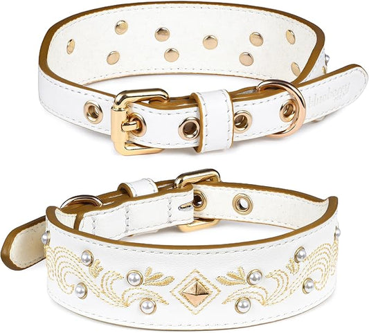 Blueberry Pet Western Genuine Leather Dog Collar for Small Breeds, Pearl White - Floral Embroidery, Pearl Studs, Adjustable 12-15 Inch Neck, Dog Collars for Small Dogs
