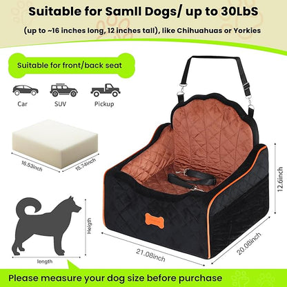koneboss Dog Car Seat for Small Dogs Under 30lbs, Detachable Washable Pet Booster Seat with Safety Belt & Storage Pockets, Travel Car Bed, Black/Brown
