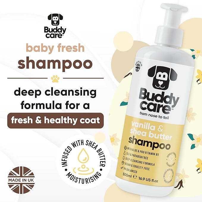 Vanilla & Shea Butter Dog Shampoo by Buddycare | Moisturising Shampoo for Dogs | Vanilla & Shea Butter Scented | with Aloe Vera and Pro Vitamin B5 (50.72oz)