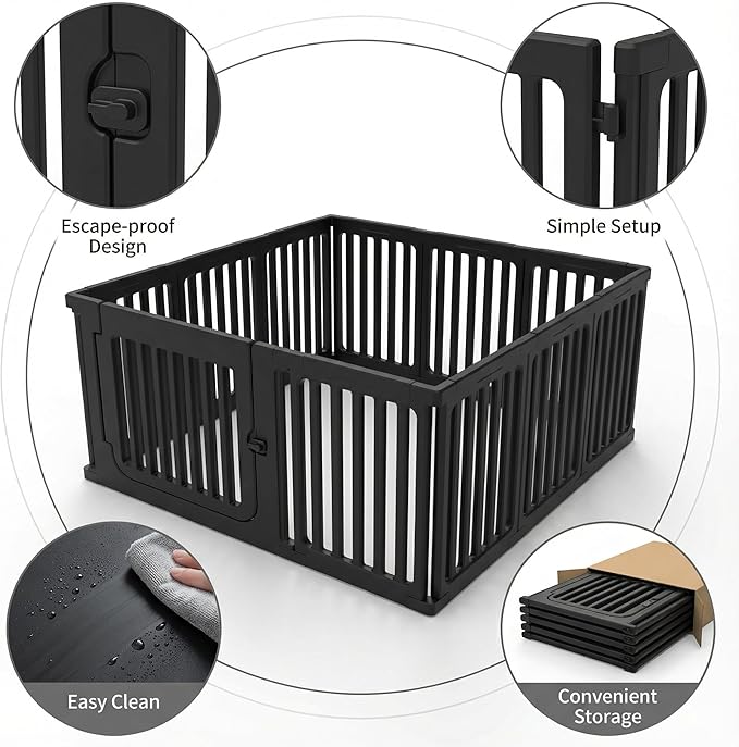 Jatindear 11 Panels Plastic Dog Playpen, Expandable & Durable Pet Fence - Indoor & Outdoor Portable with Secure Locking Door, Durable Safety Play Pen with Puppy, Cat, Small Animal(Black, 23.62" H)