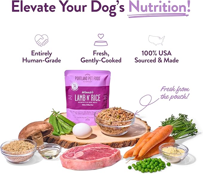 Portland Pet Food Company Fresh Dog Food Pouches - Human-Grade Toppers Wet Pet Meal & Mixers - Gluten-Free Limited Ingredient Winnie's Lamb N' Rice - Large & Small Breed Puppy & Senior Dogs - 5 Pack