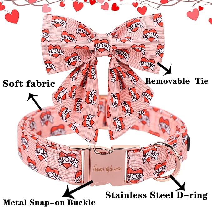 Unique Style Paws Valentiene's Day Dog Collar with Bow Heart Print Cotton Dog Collars Collar for Small Medium Large Dogs New