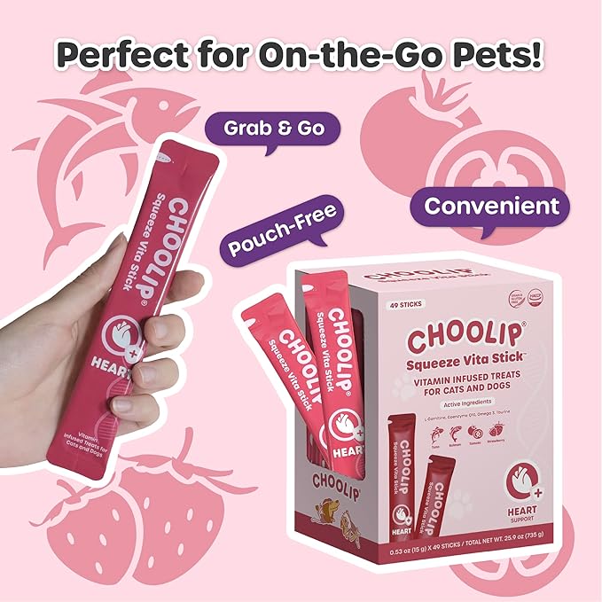 Choolip Squeeze Vita Stick Lickable Cat and Dog Treats, 49-Count Heart Support Variety Pack, Salmon and Tuna with CoQ10, L-Carnitine and Taurine