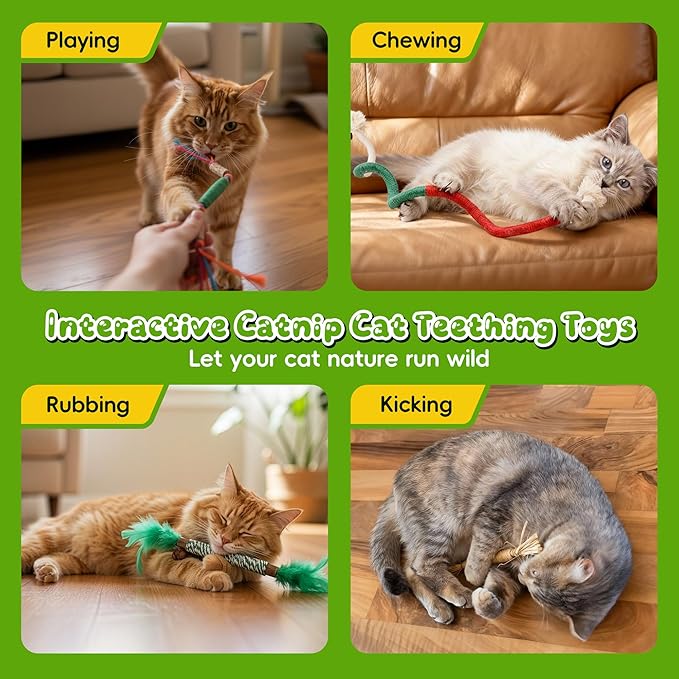 GBSYU Silvervine Sticks for Cats & Cat Chew Rope Toy with Refillable Natural Catnip Bag for Teeth Cleaning, Interactive Cat Catnip Toys for Indoor Cats, Kitten Teething Toys for All Breeds (8Pcs)