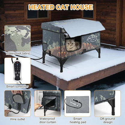 Heated Cat House for Outside, Outdoor Pet Warming Shelter with Time & Temperature Controler, Waterproof with Escape Door, Used Separately for All Four Seasons with Rain-Proof Eaves