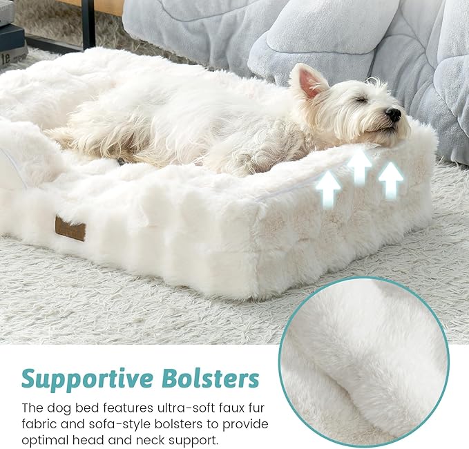COZY KISS Orthopedic Dog Bed for Medium Small Size Dog, Soft and Warm Faux Fur Sofa for Pet Up to 40 lbs, Foam Bolster Anti-Slip Couch with Washable Removable Cover, M 30x20x6.5 inch, Beige
