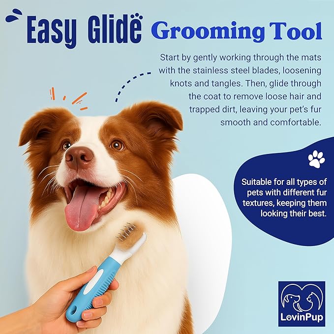 LOVINPUP Pet Mat Remover – Professional Dematting Comb for Dogs and Cats – Stainless Steel Rounded Teeth for Gentle Knot & Tangle Removal – Dog Dematting Tools & Dog Grooming Supplies