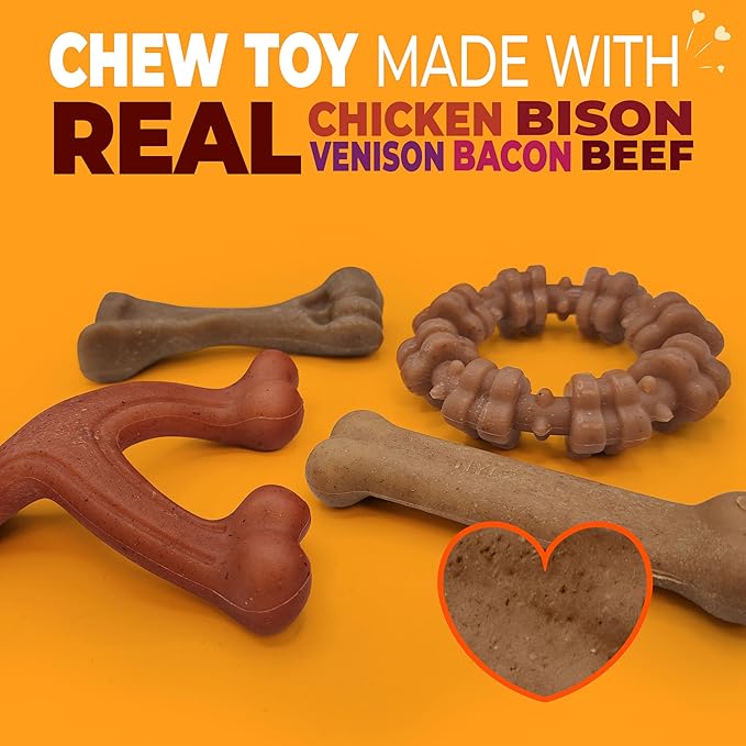 Nylabone Strong Chew Toy 4-Pack Bundle for Dogs Made with Real Bacon, Bison, Venison, Beef, & Chicken, Durable Dog Chew Bones for Aggressive Chewers, Small Dog Toys - Up to 25 lbs, 4 Count