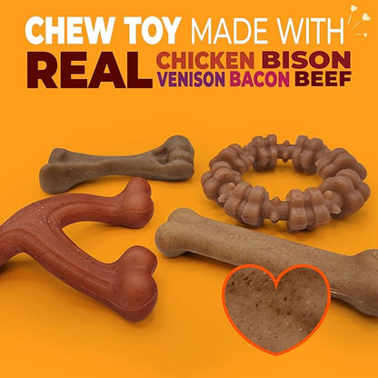 Nylabone Strong Chew Toy 4-Pack Bundle for Dogs Made with Real Bacon, Bison, Venison, Beef, & Chicken, Durable Dog Chew Bones for Aggressive Chewers, Small Dog Toys - Up to 25 lbs, 4 Count