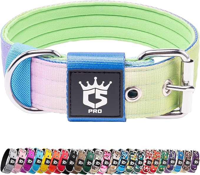 TSPRO Tactical Dog Collar 1.5 Inch Wide Thick Dog Collars with Heavy Duty Metal Buckle, Durable, Strong, Adjustable for Medium to Large Dogs (Rainbow L)