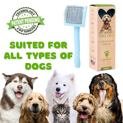 Pet Slicker Brush With Soft Massage Grooming Stainless Steel Pins - For Dematting, Shedding Fur, and Undercoat - Ideal Gift for Professional Pet Groomers - Long Slicker Brush (Blue, Curved Small)