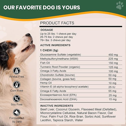 Veterinary Naturals Hemp & HIPS Joint Supplement for Dogs/Supports Relief from Hip and Joint Pain in Large, Aging Dogs (Senior Large Breed, Beef & Bacon)