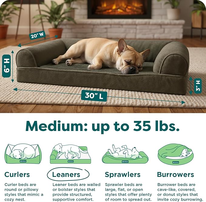 FurHaven Classic Soft Sofa Orthopedic Dog Bed for Medium Dogs, with Egg Crate with a Solid Orthopedic Foam Base for Joint Support, Removable Washable Cover, Medium, Faux Fur & Velvet, Dark Sage