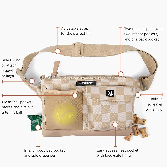 Cleverpup Dog Walk & Train Sling Bag - Hands-Free Dog Walking & Training Bag with Treat Pouch, Poop Bag Holder & Phone Pocket - Crossbody or Fanny Pack, Adjustable Strap - Checkerboard