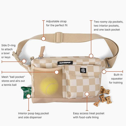 Cleverpup Dog Walk & Train Sling Bag - Hands-Free Dog Walking & Training Bag with Treat Pouch, Poop Bag Holder & Phone Pocket - Crossbody or Fanny Pack, Adjustable Strap - Checkerboard