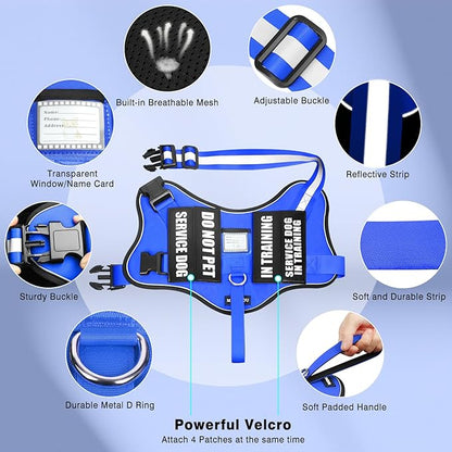 Service Dog Vest Harness and Leash Set+10 Patches,No Pull&Easy Walk Reflective Dog Harness with Soft Padded Handle for Training/Everyday,Fit Small/Medium/Large/Extra-Large Dogs (Blue S)