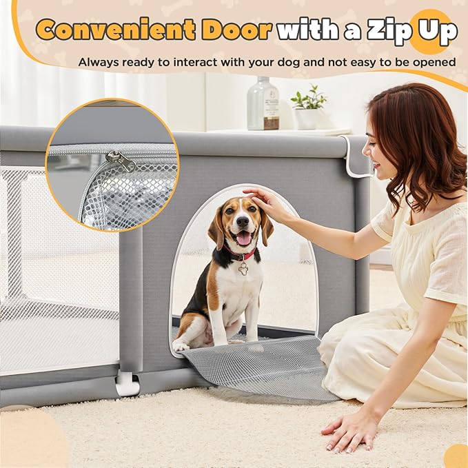 71x59x26 Inches Puppy Playpen with Gate, Dog Playpen for Puppies or Small Dogs, Sturdy Safety Dog Fence Pet Playpen with Thickened Fabric, High-Strength Nylon Wire Mesh for Indoor & Outdoor,Washable