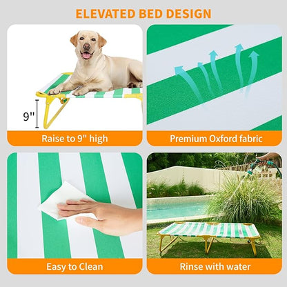 everfront Dog Elevated Bed Foldable Portable Raised Bed Camping cot Outdoor Summer Dog Bed (Large, GreenStripes-Oxford Fabric)