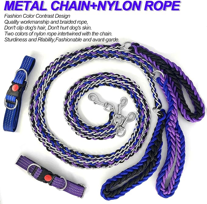 Dog Leash Rope Chain, Nylon Rope Metal Chain for Pet Leads. 6ft Heavy Duty Chew Proof Training Walking for Medium Large Dogs. (Large, Blue&Purple)