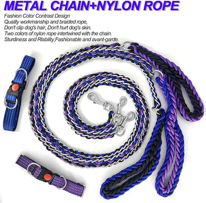 Dog Leash Rope Chain, Nylon Rope Metal Chain for Pet Leads. 6ft Heavy Duty Chew Proof Training Walking for Medium Large Dogs. (Medium, Blue&Purple)