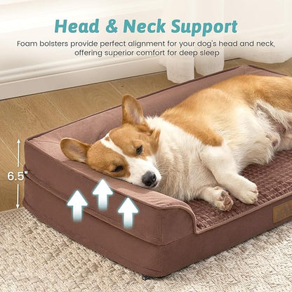 COZY KISS Orthopedic Large Dog Beds, Bolster Pet Couch with Waterproof Lining, Egg Crate Foam Sofa for Pets Up to 65 lbs, U-Shaped, 36x27x6.5 inch, Brown