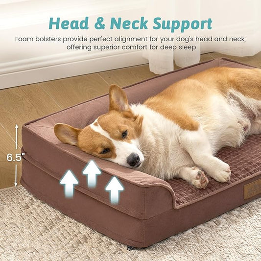 COZY KISS Orthopedic Large Dog Beds, Bolster Pet Couch with Waterproof Lining, Egg Crate Foam Sofa for Pets Up to 65 lbs, U-Shaped, 36x27x6.5 inch, Brown