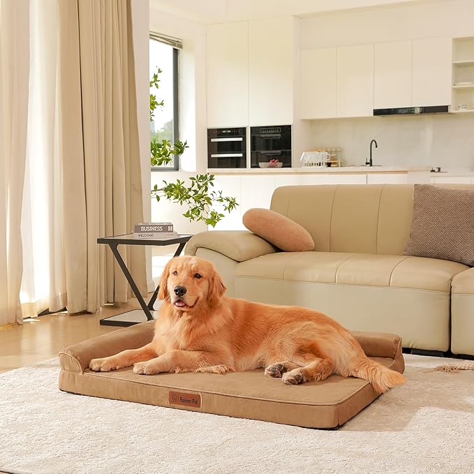 Rainmr Orthopedic Dog Bed for Large Dogs, 44"x32"x6" Memory Foam Pet Bed with Washable Microsuede Cover, TPU Waterproof Liner & Nonskid Bottom, for Indoor, Outdoor, Crate ＆ Car Use, Khaki