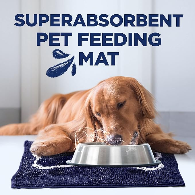 Soggy Doggy Slopmat - Navy Blue/Oatmeal Bone - 18” x 24″ - Water Absorbing Door Mat for Muddy Paws and Food/Water Bowls - Microfiber Chenille Small Doormat - Machine Washable