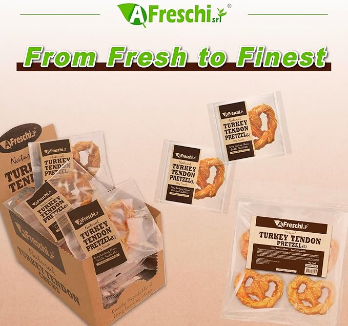 A Freschi srl Turkey Tendons for Dogs, USA-Sourced, Healthy Dog Treats, Rawhide-Free Puppy Chews, Long Lasting, All Natural, Hypoallergenic Dog Treats for Large Breeds, 10 oz Pack Pretzel (L)