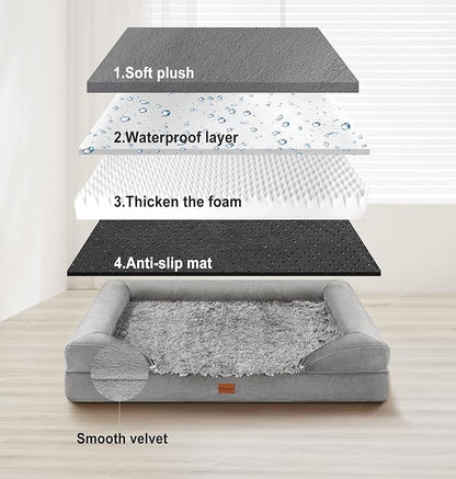 Gimars 3.7in Thickened Orthopedic Dog Bed for Large Dogs, Supportive L Dog Sofa Bed with Bolster & 28D Egg-Crate Mattress, Waterproof Lining, Washable Plush Cover for Arthritic Dogs